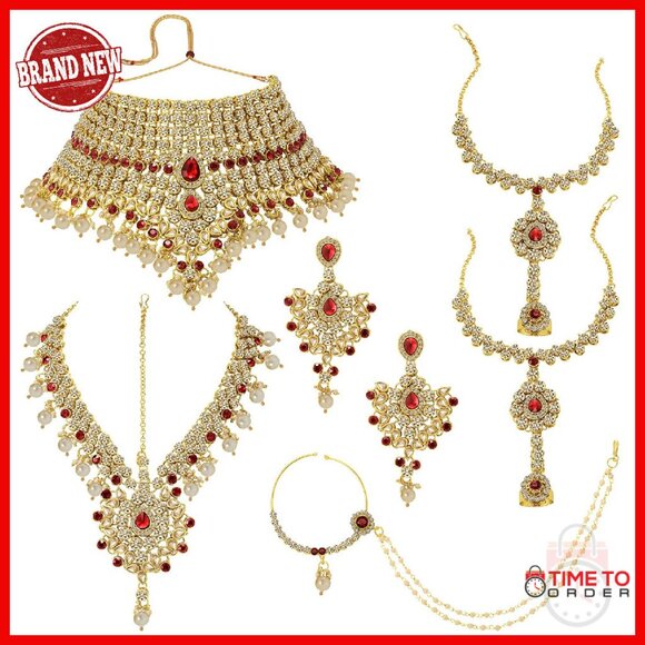 Bridal Choker Necklace Set with Matha Patti Nose Ring Haath Phool